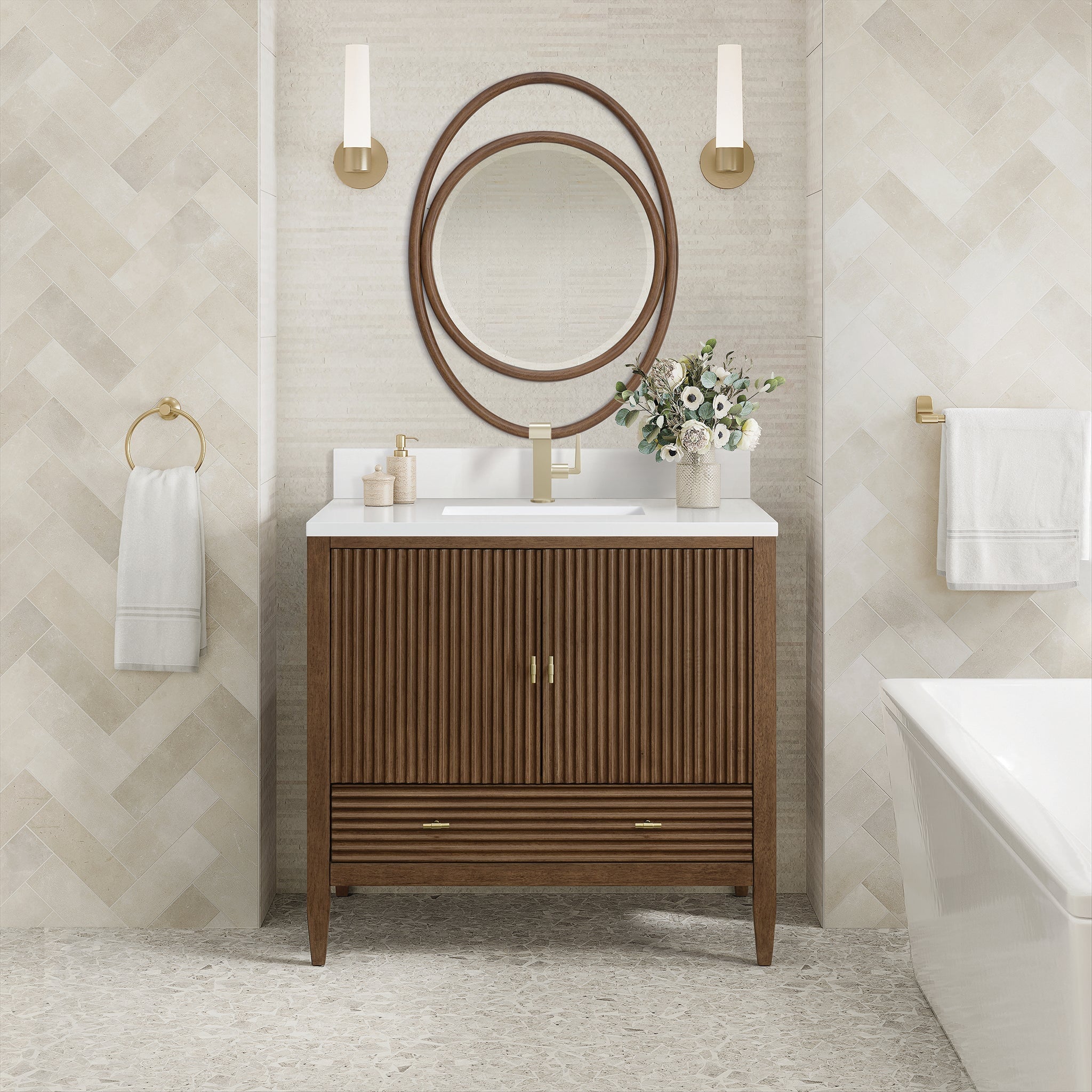 James Martin Vanities - Myrrin 36" Single Vanity in Mid - Century Walnut - 485 - V36 - WLT - 1WZ - Home Luxury USA