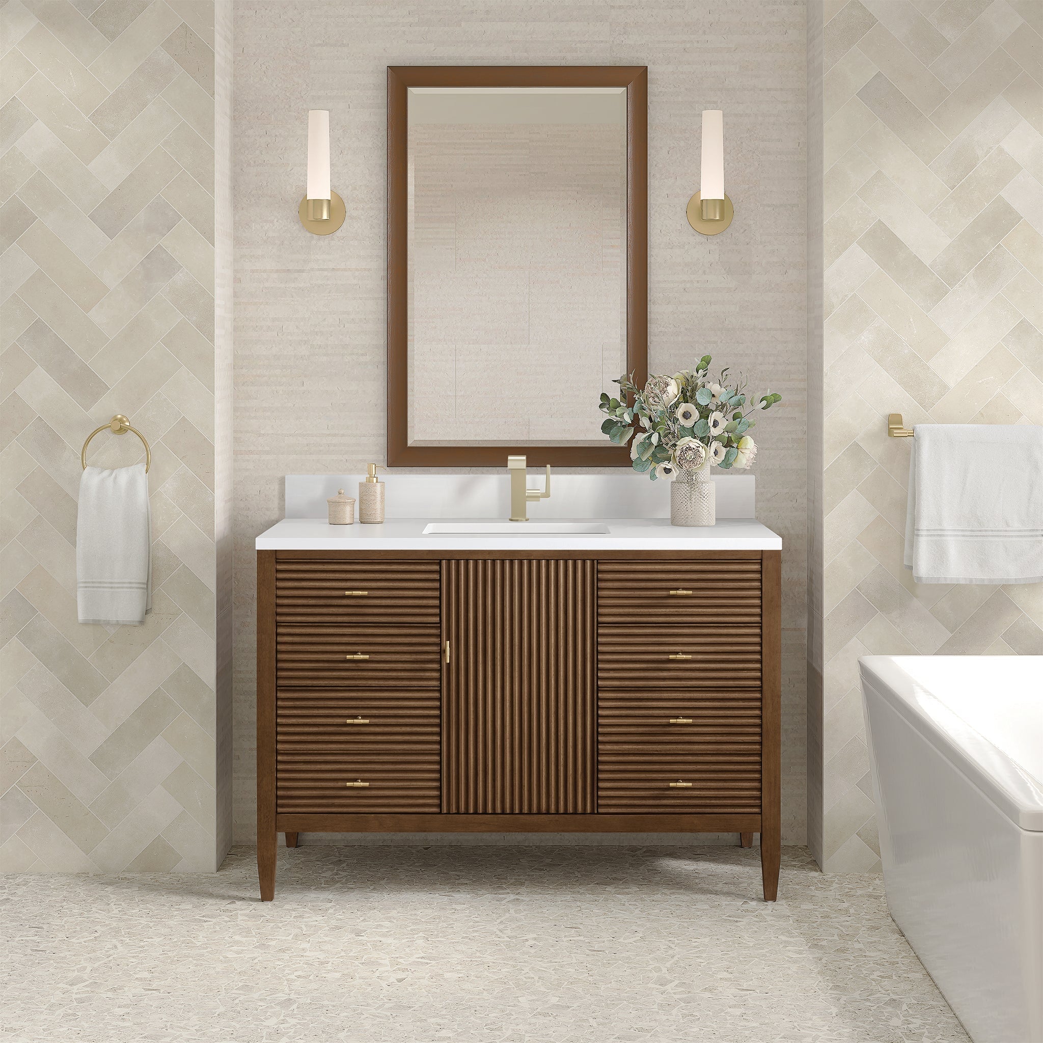 Myrrin 48" Single Vanity in Mid-Century Walnut by James Martin Vanities - SKU 485-V48-WLT-1WZ | Home Luxury USA