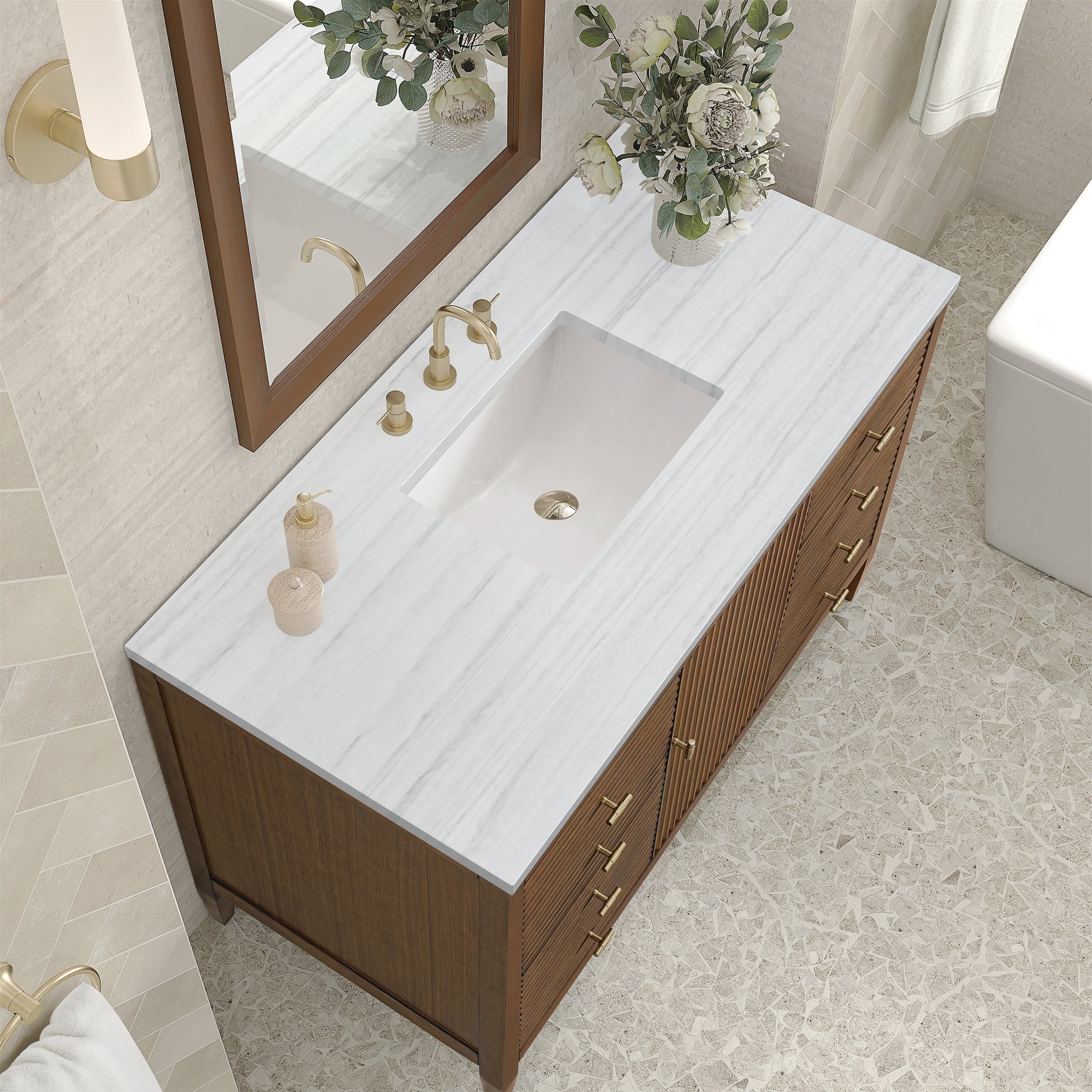 Myrrin 48" Single Vanity in Mid-Century Walnut by James Martin Vanities - SKU 485-V48-WLT-3AF | Home Luxury USA