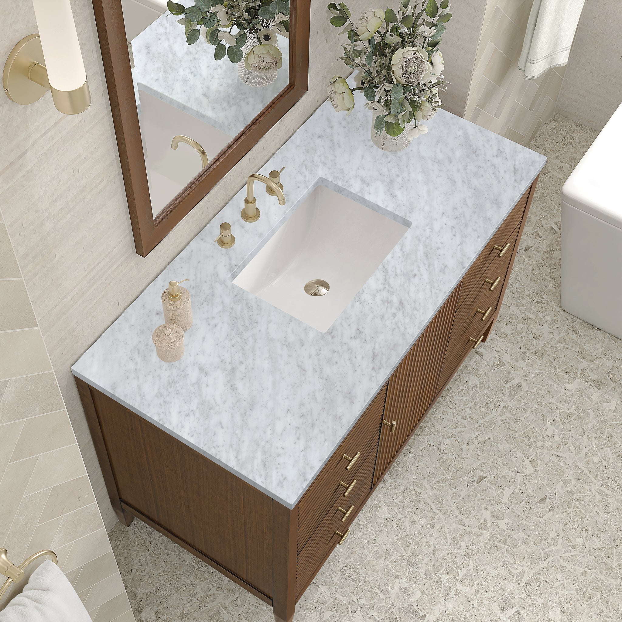 Myrrin 48" Single Vanity in Mid-Century Walnut by James Martin Vanities - SKU 485-V48-WLT-3CAR | Home Luxury USA