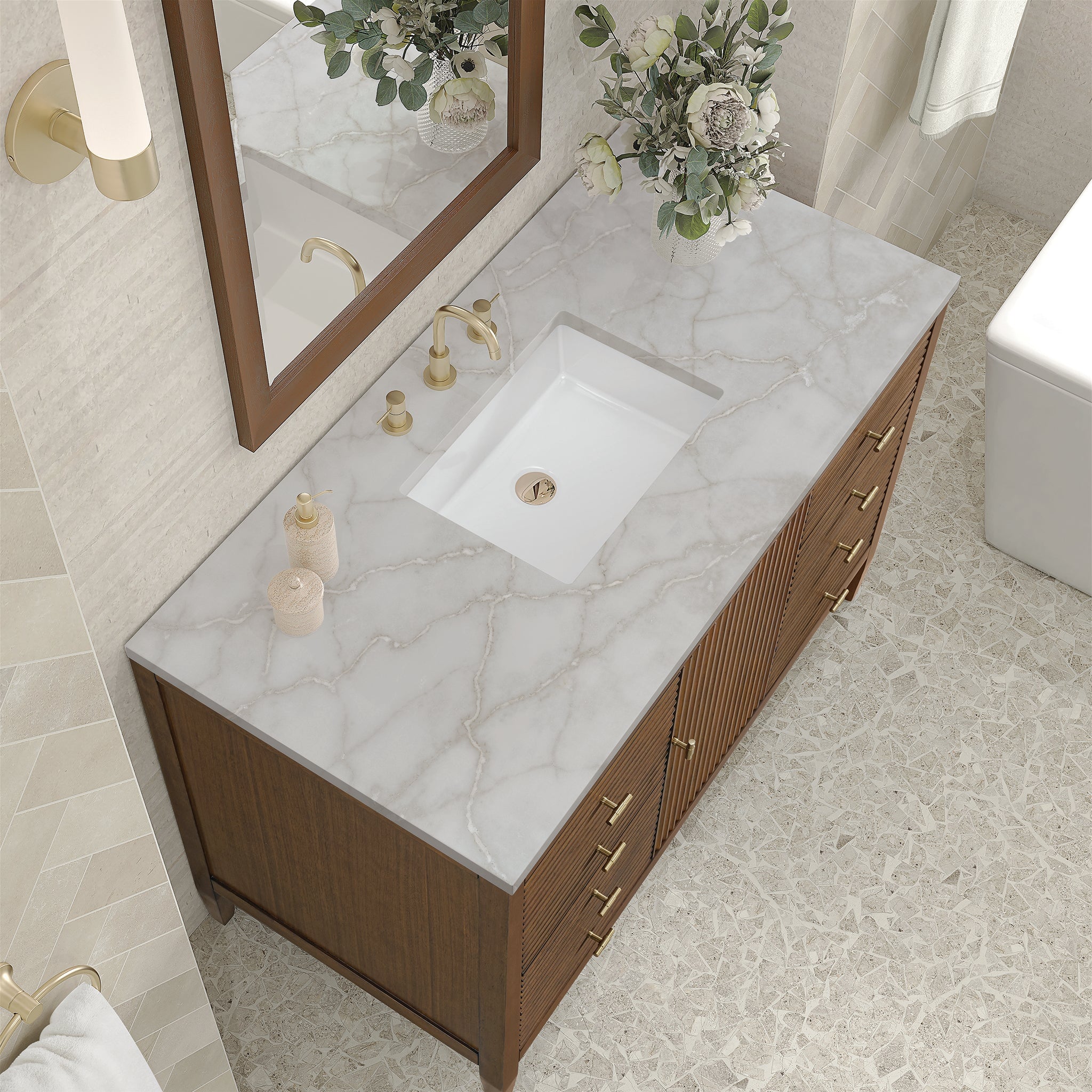 Myrrin 48" Single Vanity in Mid-Century Walnut by James Martin Vanities - SKU 485-V48-WLT-3VSL | Home Luxury USA