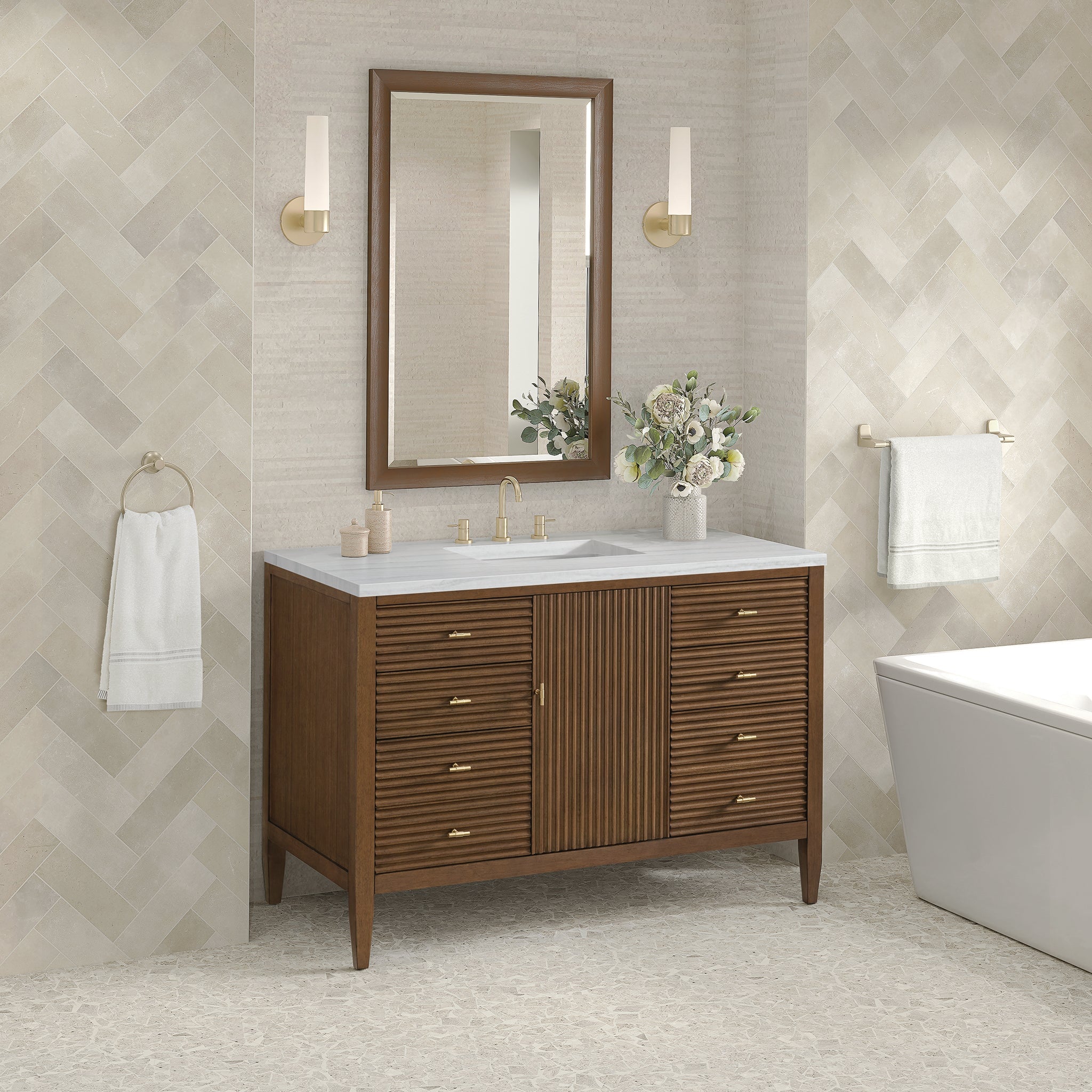 Myrrin 48" Single Vanity in Mid-Century Walnut by James Martin Vanities - SKU 485-V48-WLT | Home Luxury USA