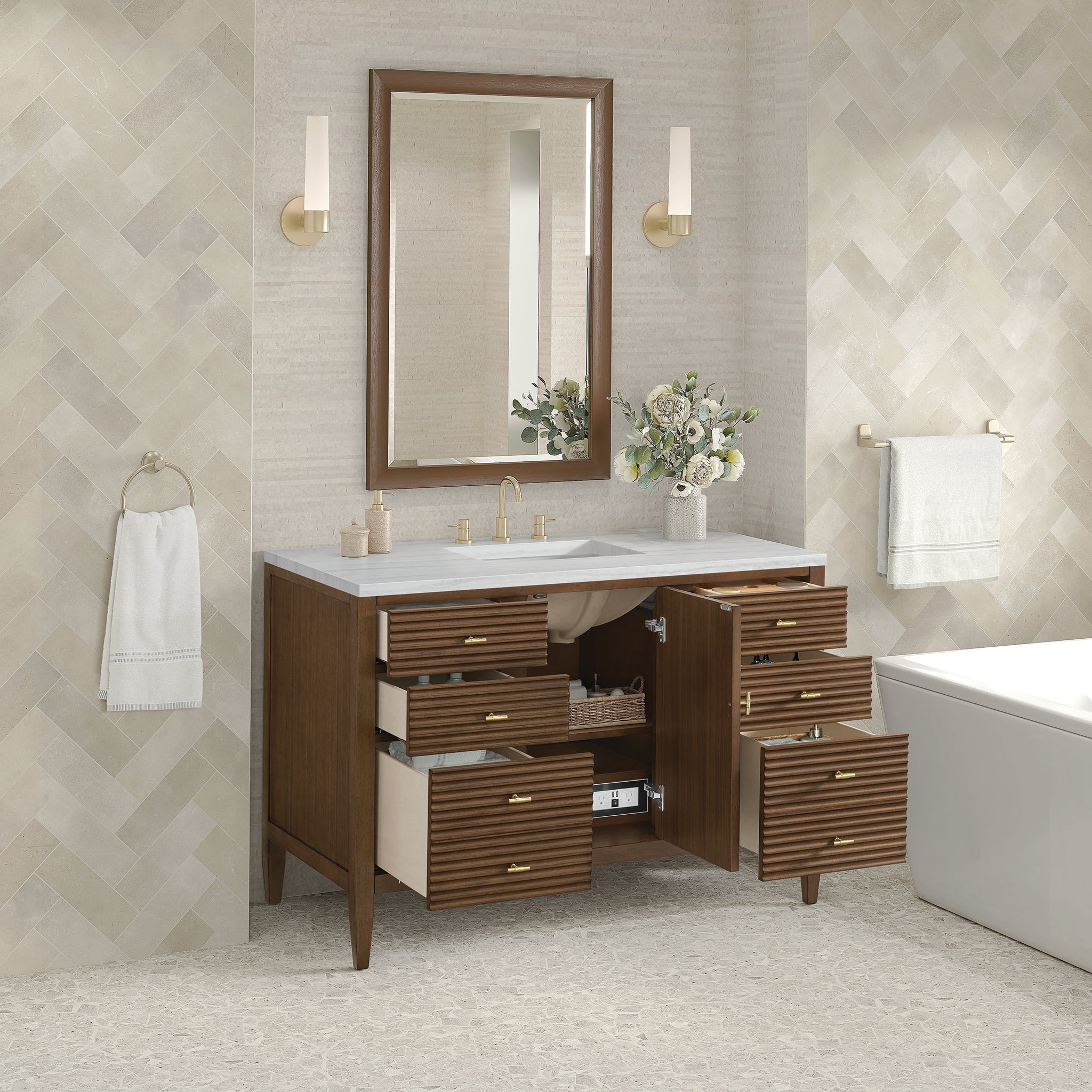 Myrrin 48" Single Vanity in Mid-Century Walnut by James Martin Vanities - SKU 485-V48-WLT | Home Luxury USA