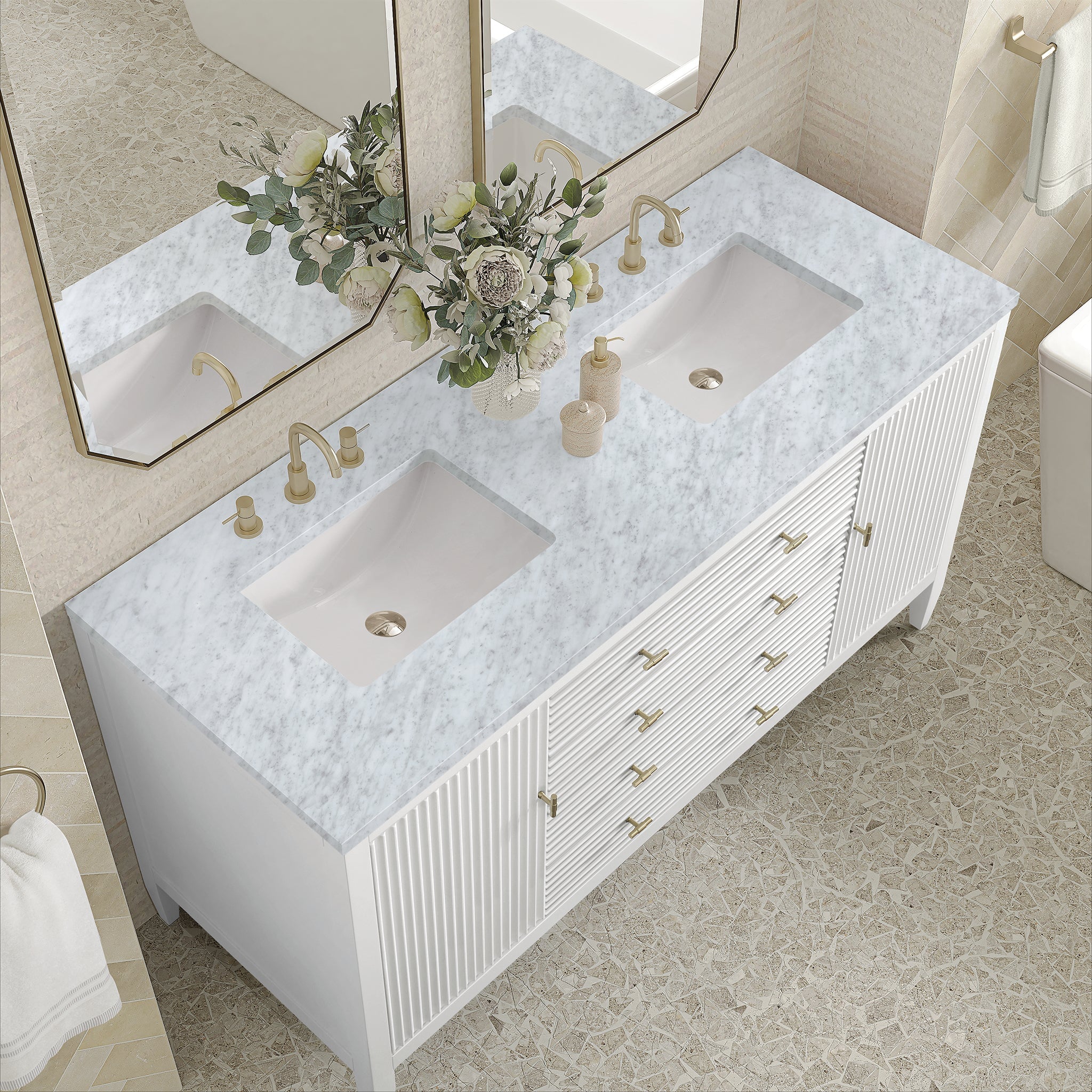 Myrrin 60" Double Vanity in Bright White by James Martin Vanities - SKU 485-V60D-BW-3CAR | Home Luxury USA