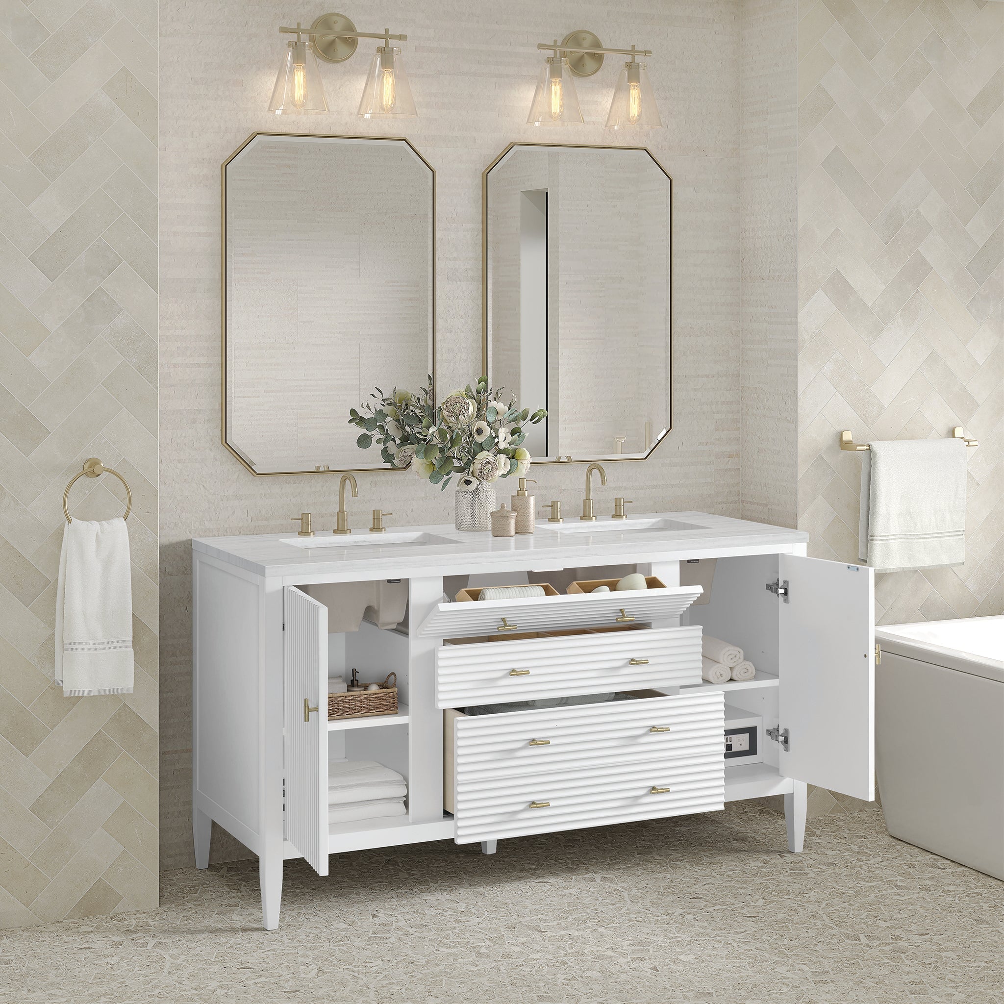 Myrrin 60" Double Vanity in Bright White by James Martin Vanities - SKU 485-V60D-BW | Home Luxury USA