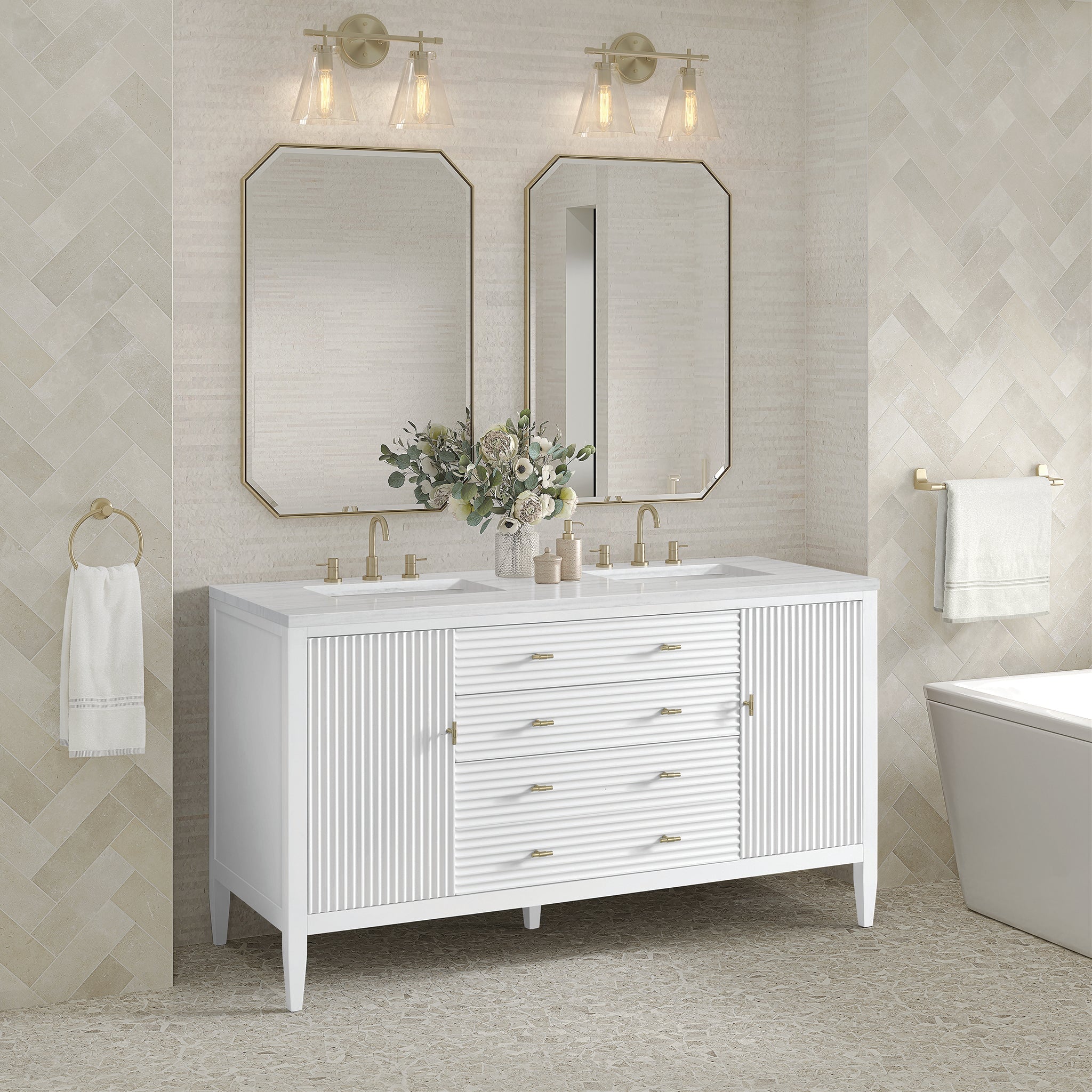 Myrrin 60" Double Vanity in Bright White by James Martin Vanities - SKU 485-V60D-BW | Home Luxury USA