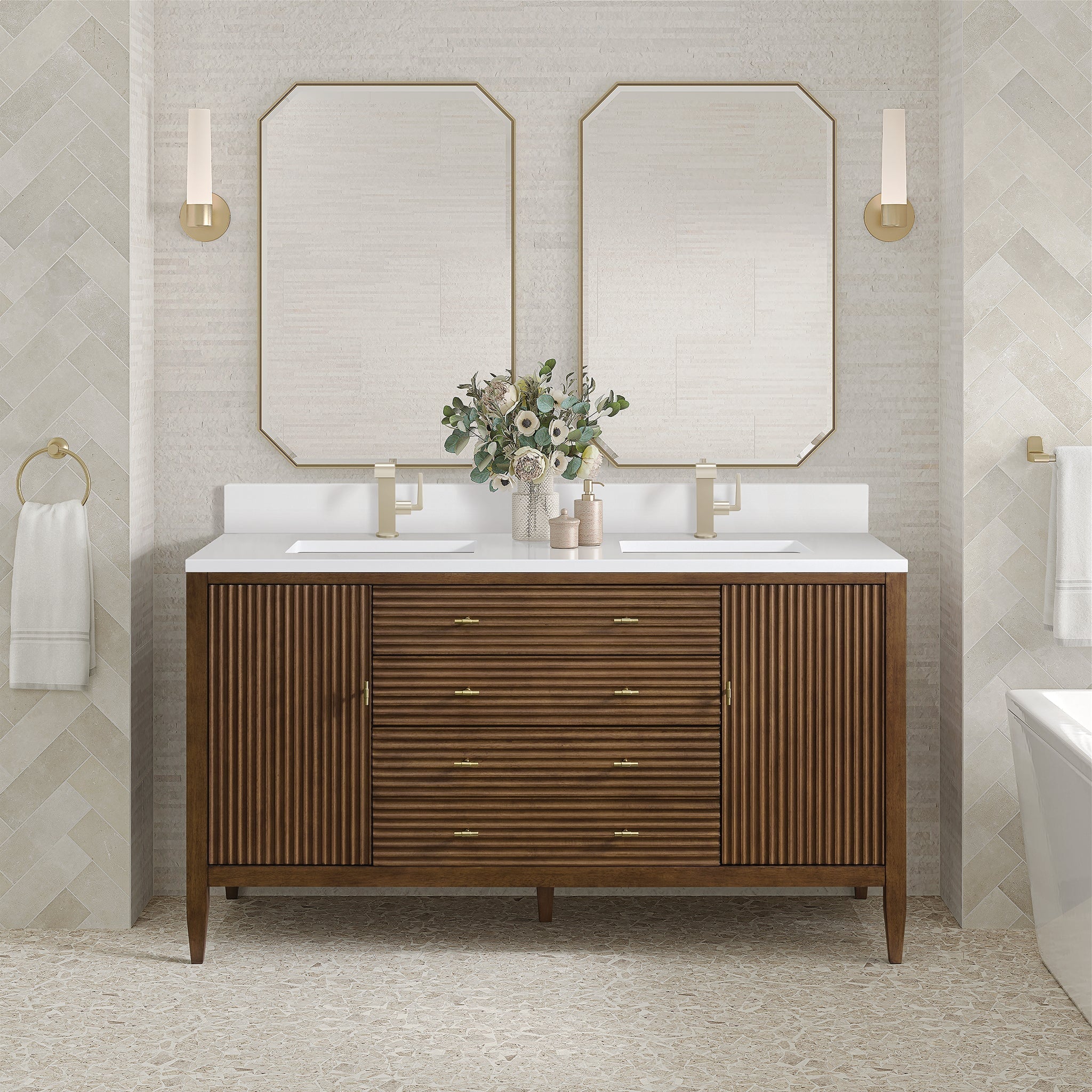 Myrrin 60" Double Vanity in Mid-Century Walnut by James Martin Vanities - SKU 485-V60D-WLT-1WZ | Home Luxury USA