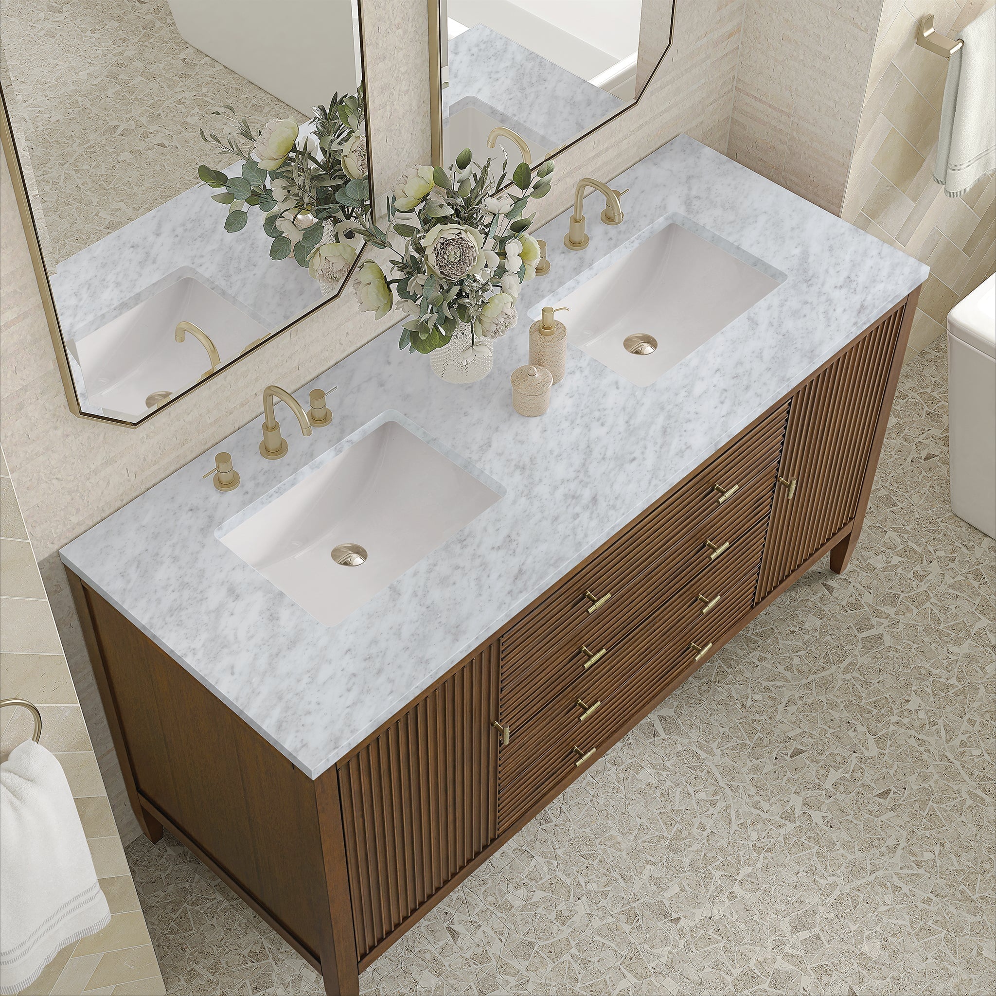 Myrrin 60" Double Vanity in Mid-Century Walnut by James Martin Vanities - SKU 485-V60D-WLT-3CAR | Home Luxury USA