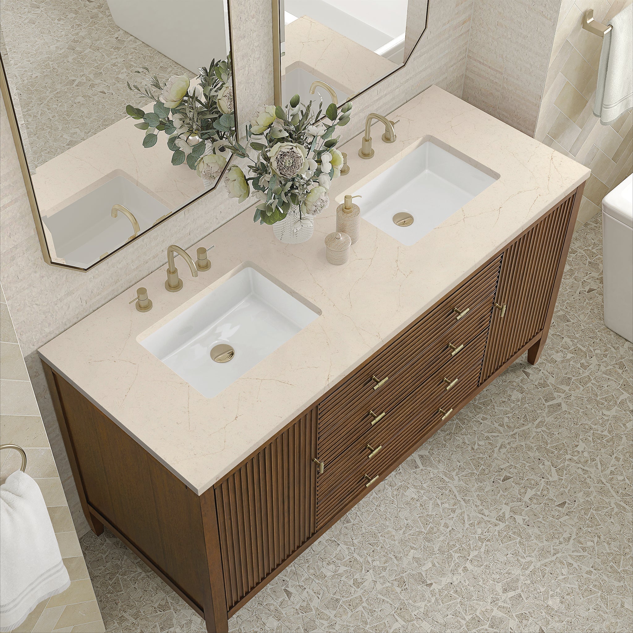 Myrrin 60" Double Vanity in Mid-Century Walnut by James Martin Vanities - SKU 485-V60D-WLT-3EMR | Home Luxury USA