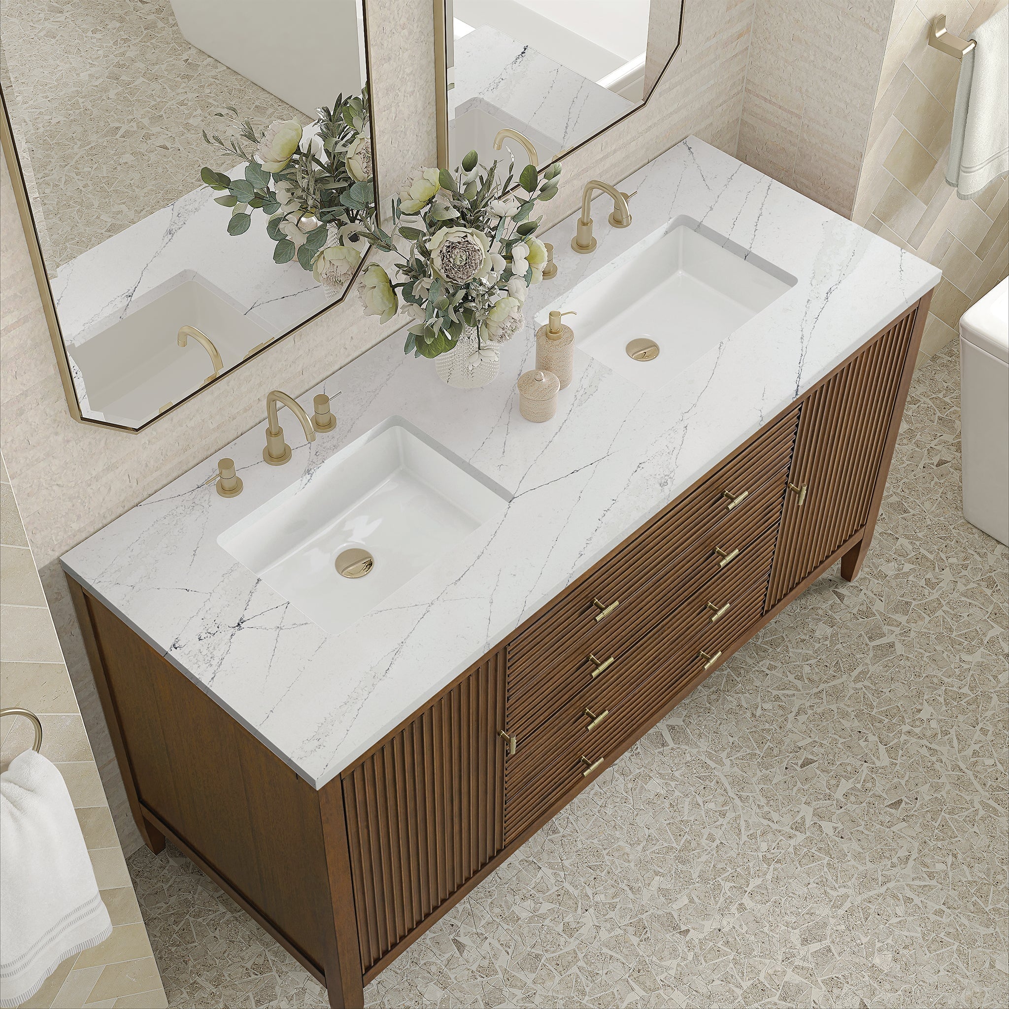 Myrrin 60" Double Vanity in Mid-Century Walnut by James Martin Vanities - SKU 485-V60D-WLT-3ENC | Home Luxury USA