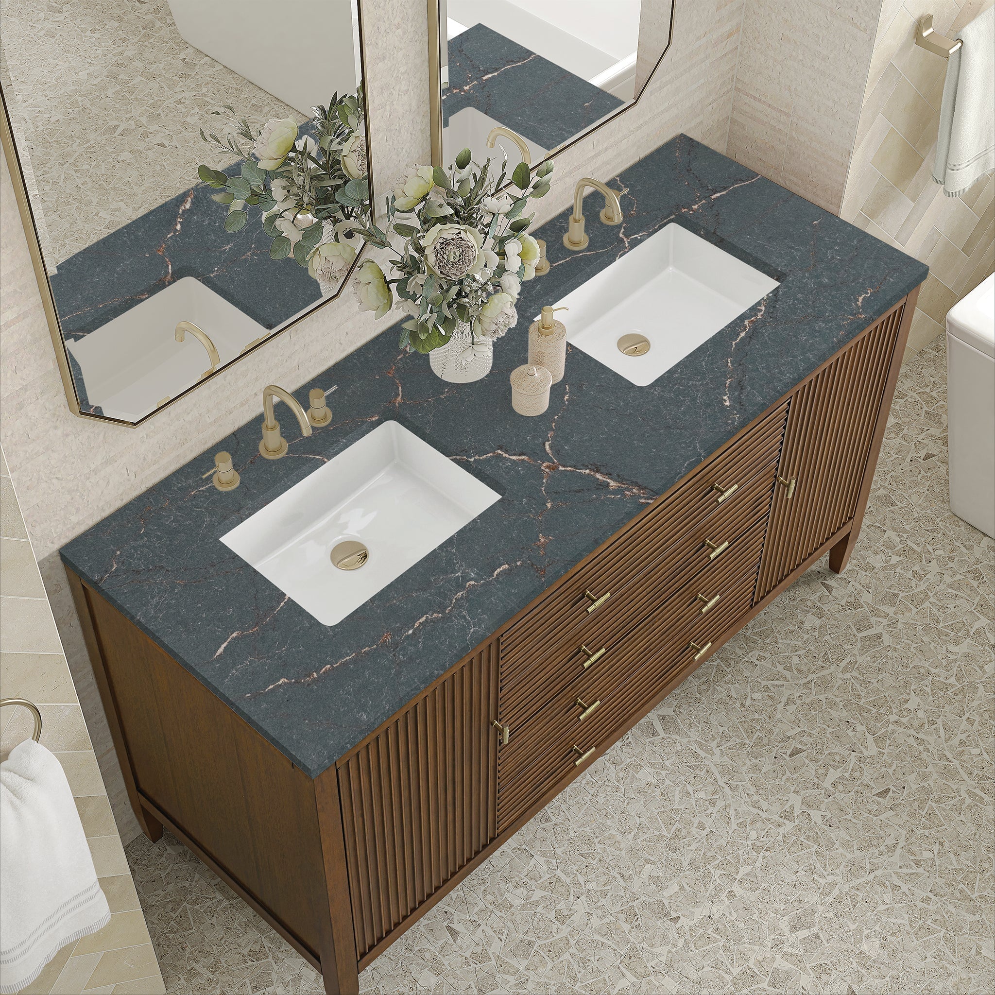 Myrrin 60" Double Vanity in Mid-Century Walnut by James Martin Vanities - SKU 485-V60D-WLT-3PBL | Home Luxury USA