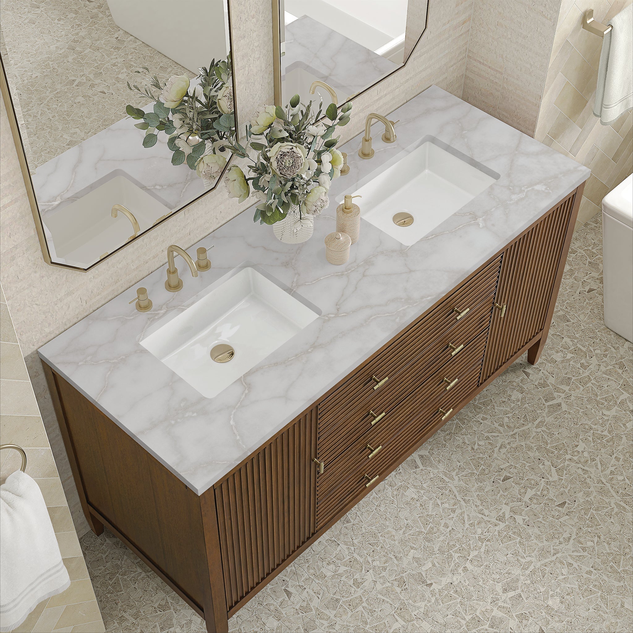 Myrrin 60" Double Vanity in Mid-Century Walnut by James Martin Vanities - SKU 485-V60D-WLT-3VSL | Home Luxury USA