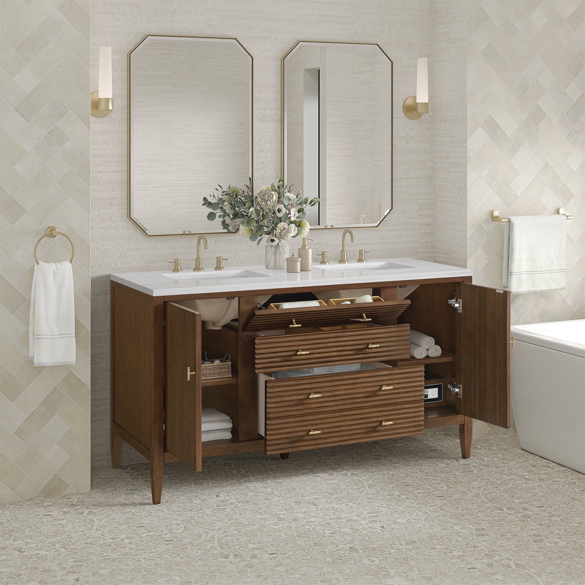 Myrrin 60" Double Vanity in Mid-Century Walnut by James Martin Vanities - SKU 485-V60D-WLT | Home Luxury USA