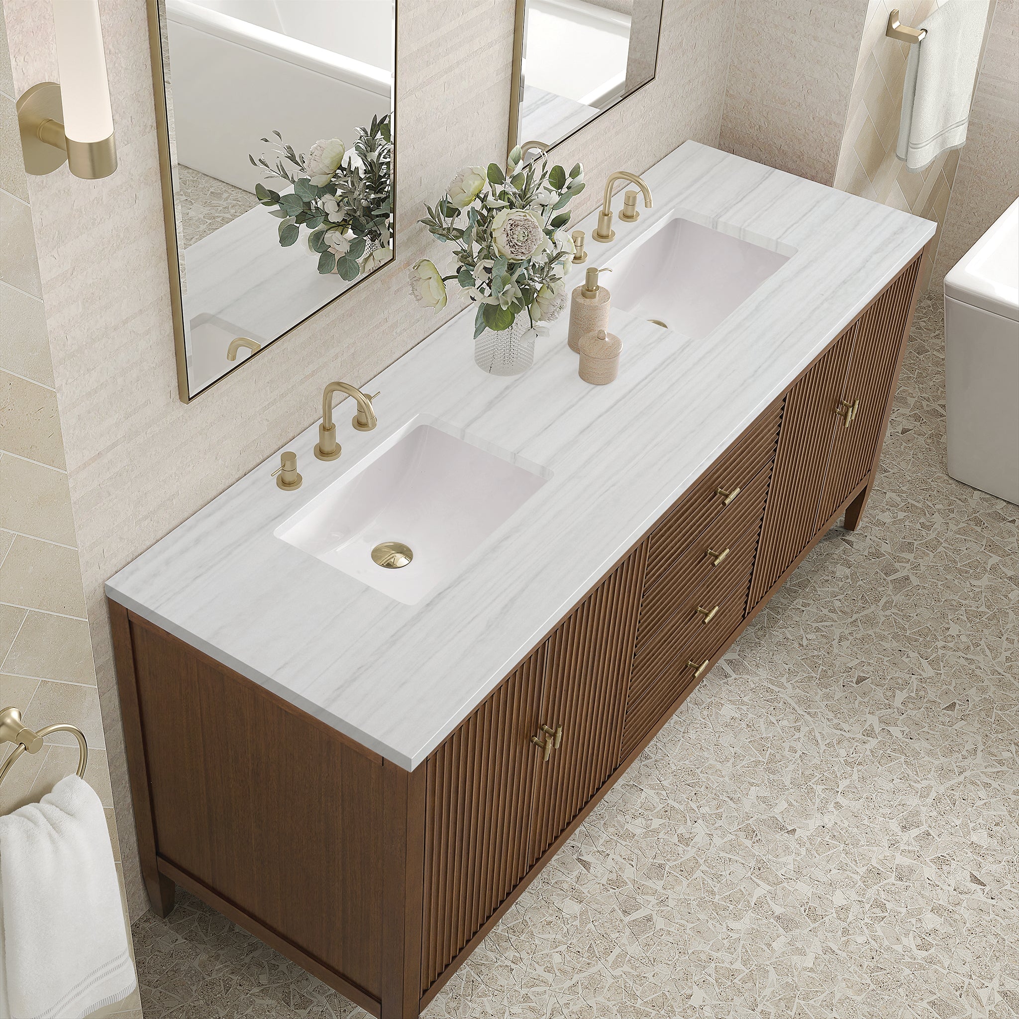 Myrrin 72" Double Vanity in Mid-Century Walnut by James Martin Vanities - SKU 485-V72-WLT-3AF | Home Luxury USA