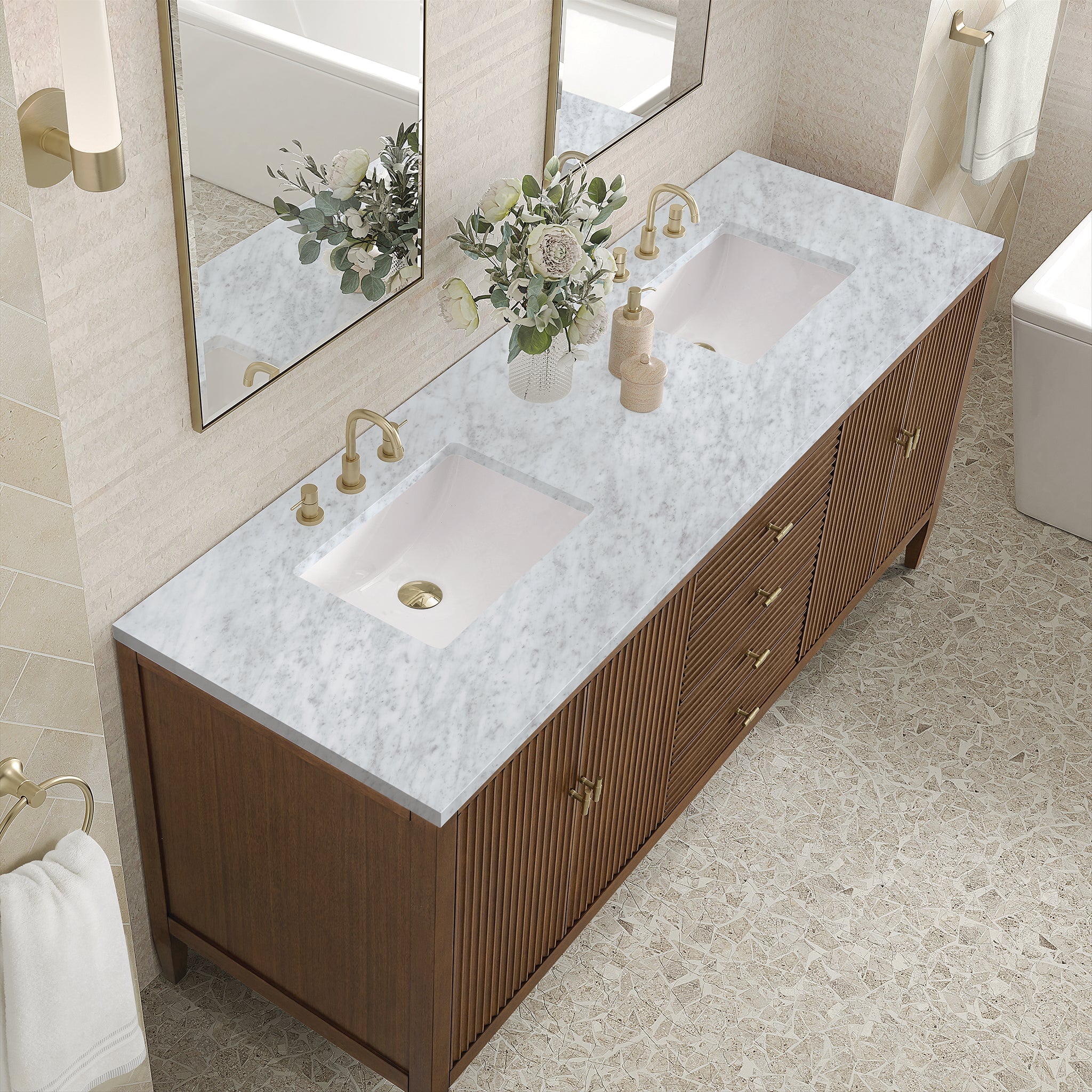 Myrrin 72" Double Vanity in Mid-Century Walnut by James Martin Vanities - SKU 485-V72-WLT-3CAR | Home Luxury USA