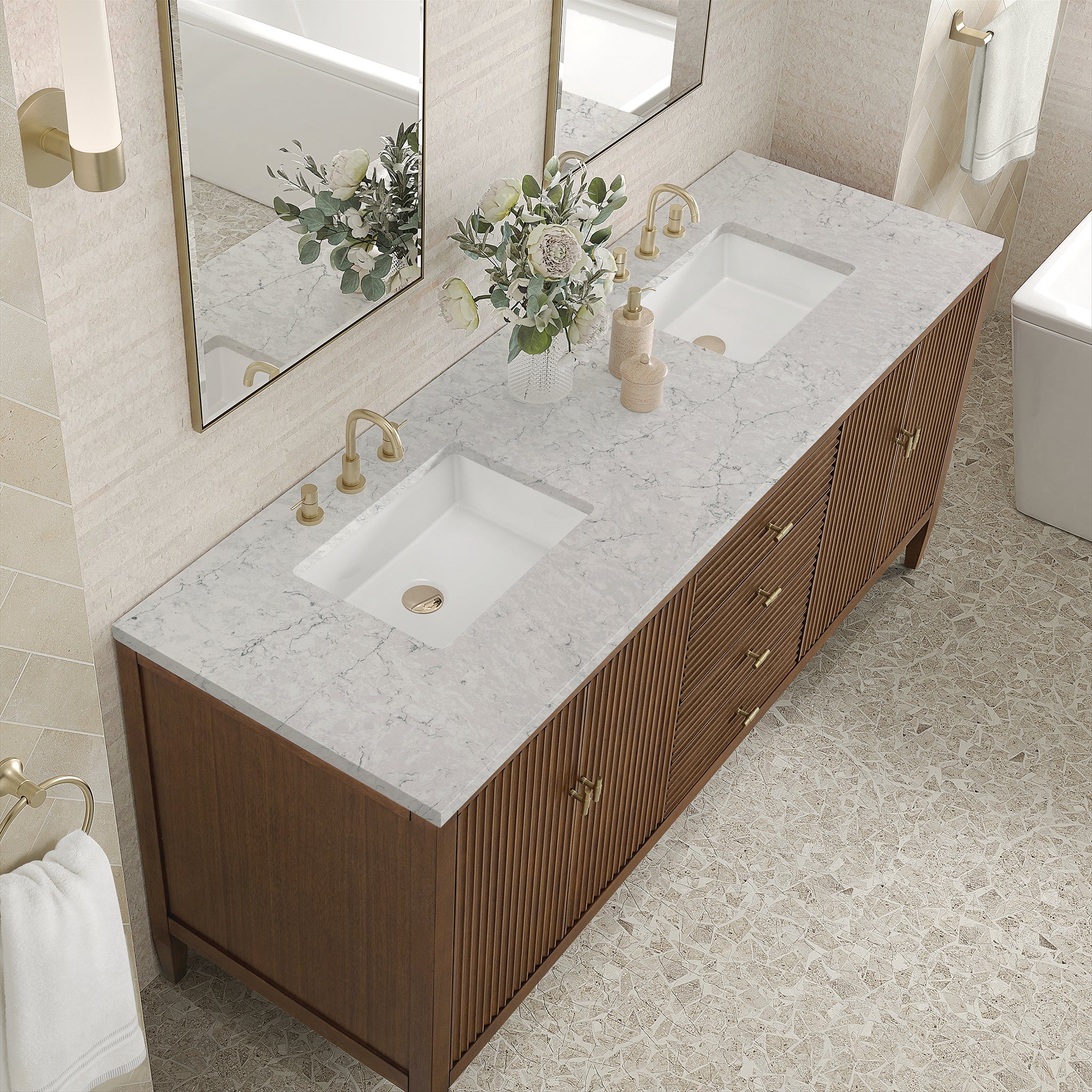 Myrrin 72" Double Vanity in Mid-Century Walnut by James Martin Vanities - SKU 485-V72-WLT-3EJP | Home Luxury USA