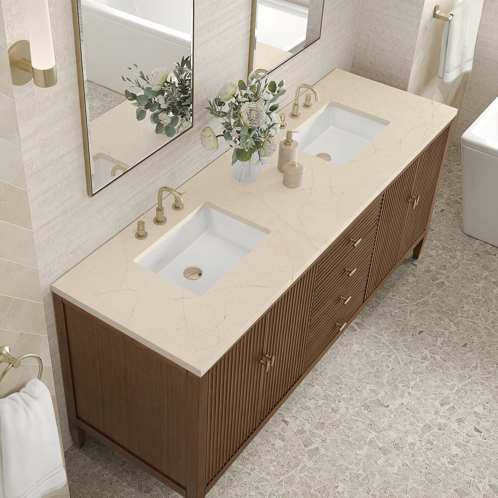 Myrrin 72" Double Vanity in Mid-Century Walnut by James Martin Vanities - SKU 485-V72-WLT-3EMR | Home Luxury USA