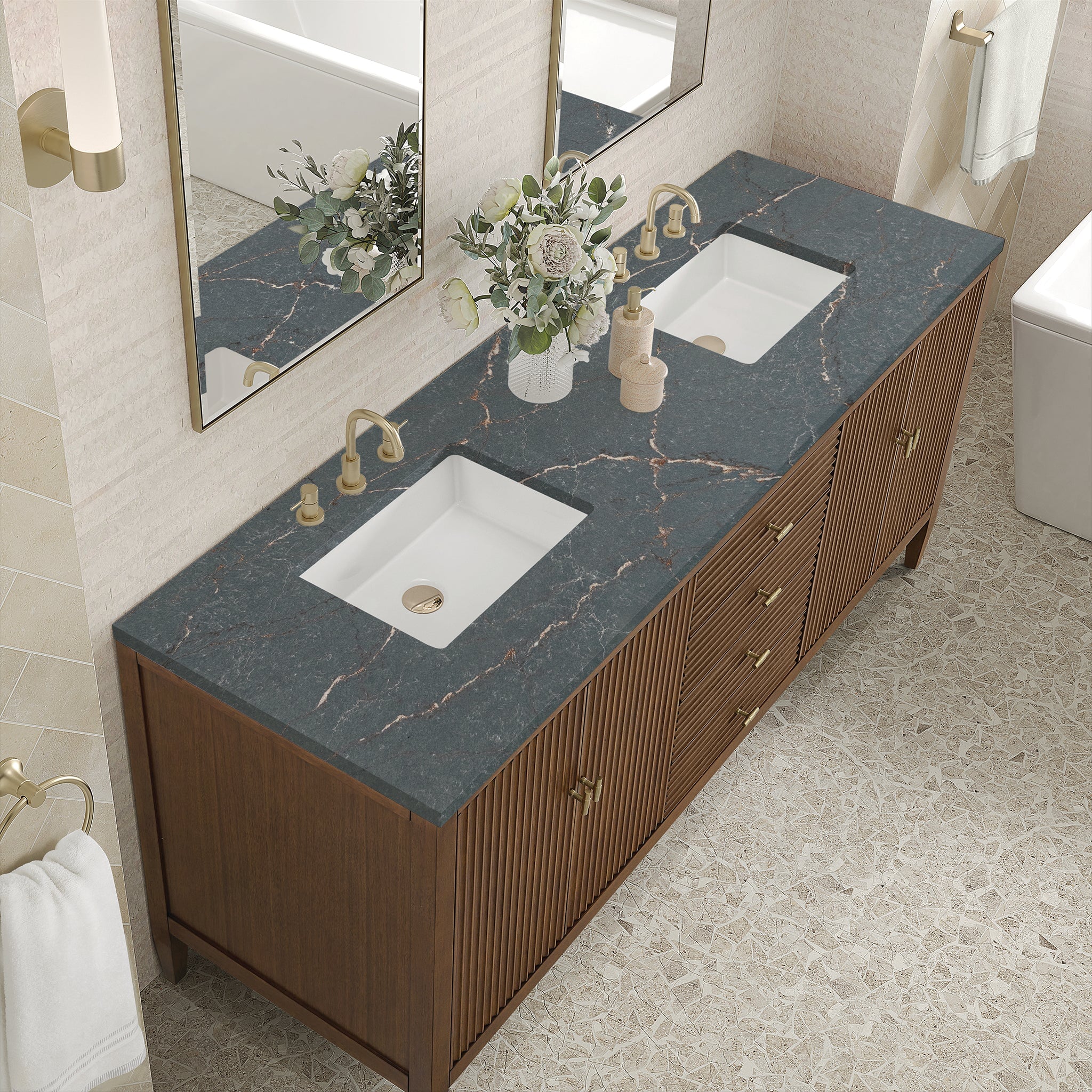 Myrrin 72" Double Vanity in Mid-Century Walnut by James Martin Vanities - SKU 485-V72-WLT-3PBL | Home Luxury USA