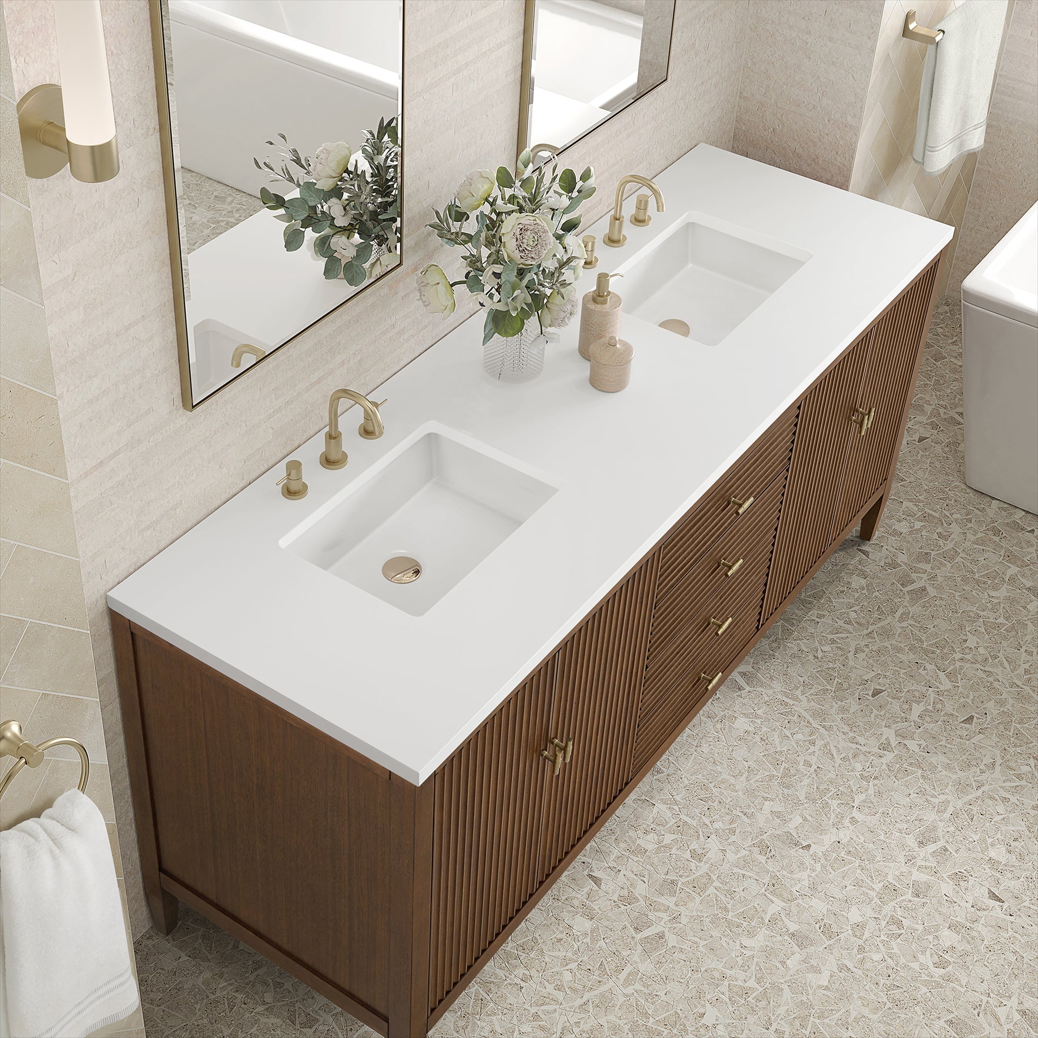 Myrrin 72" Double Vanity in Mid-Century Walnut by James Martin Vanities - SKU 485-V72-WLT-3WZ | Home Luxury USA