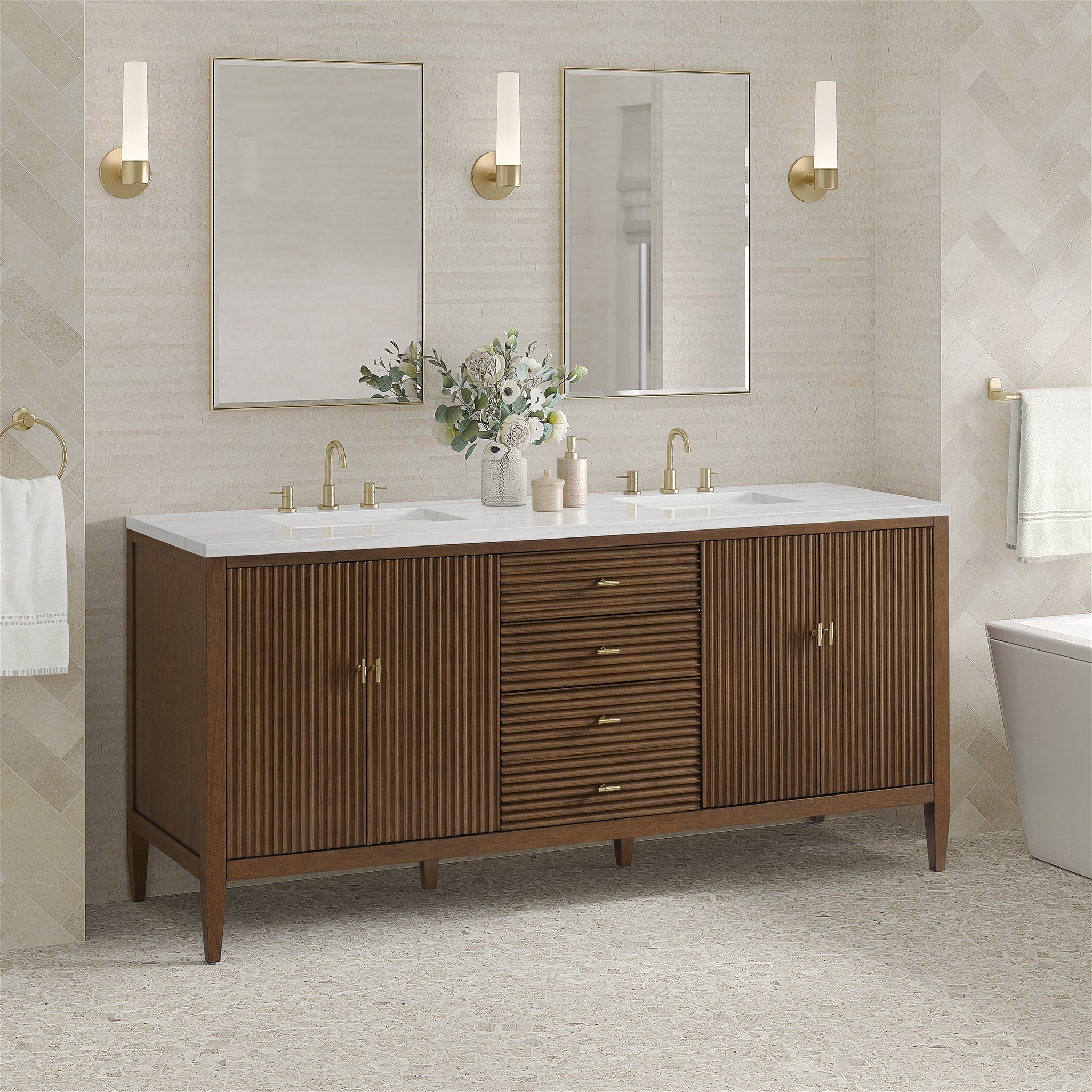 Myrrin 72" Double Vanity in Mid-Century Walnut by James Martin Vanities - SKU 485-V72-WLT | Home Luxury USA