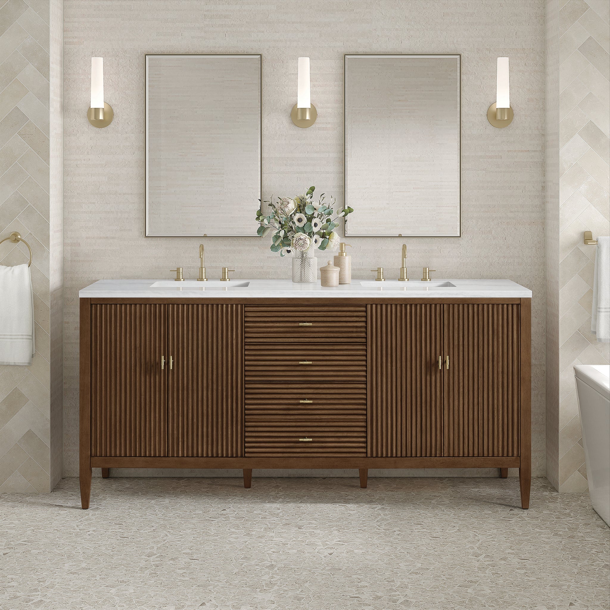 Myrrin 72" Double Vanity in Mid-Century Walnut by James Martin Vanities - SKU 485-V72-WLT | Home Luxury USA