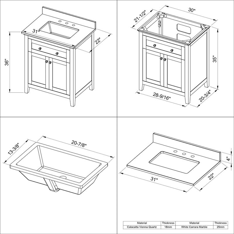 Jeffrey Alexander - Jeffrey Alexander Chatham 30 - inch Bathroom Vanity with Top - VKITCHA30CHWCR - Home Luxury USA