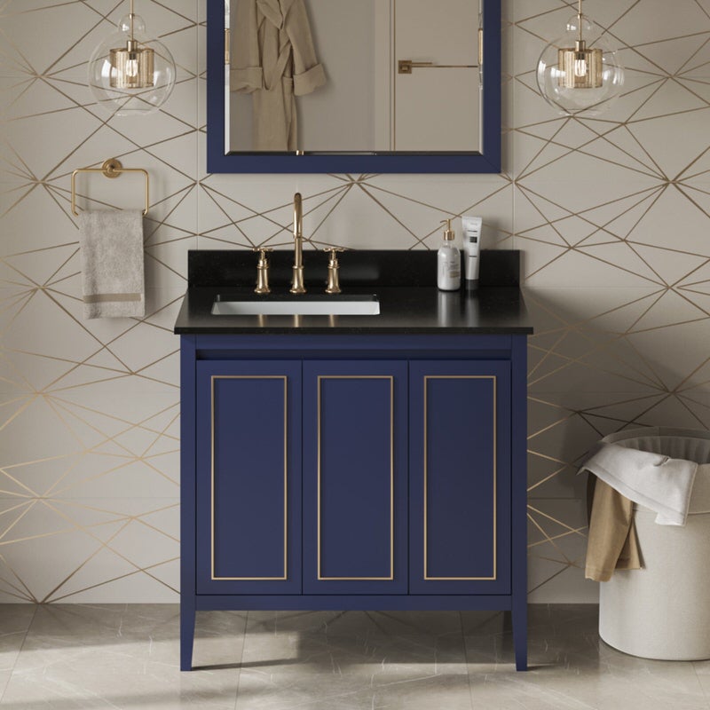 jeffrey alexander percival 36-inch single bathroom vanity with top in blue in bathroom 