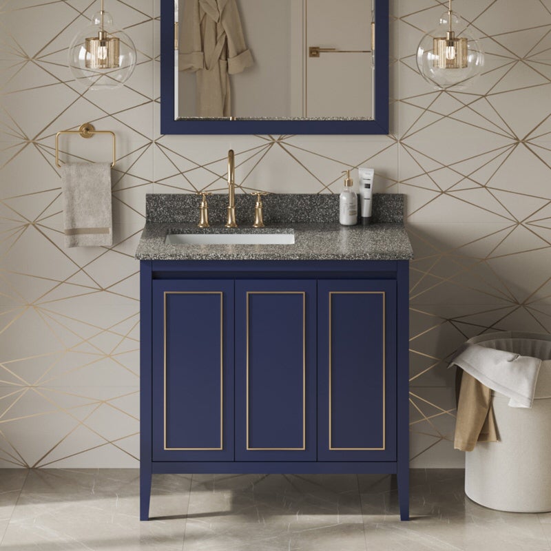 jeffrey alexander percival 36-inch single bathroom vanity with top in blue installed in bathroom 