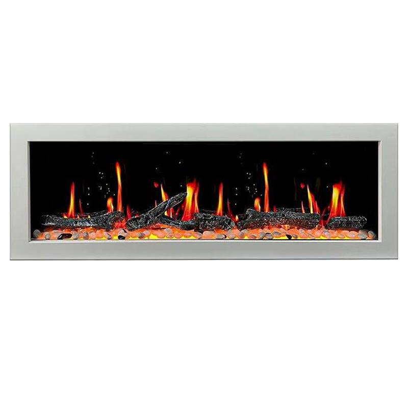 Wall-mounted Litedeer Latitude II 58-inch white electric fireplace, modern design, featuring realistic HD LED flame effects with adjustable colors and sounds, controlled via smartphone app, suitable for heating up to 400 sq ft spaces, energy-efficient and safety certified from Home Luxury USA.