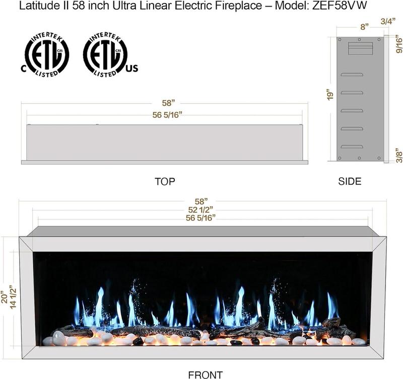 Wall-mounted Litedeer Latitude II 58-inch white electric fireplace, modern design, featuring realistic HD LED flame effects with adjustable colors and sounds, controlled via smartphone app, suitable for heating up to 400 sq ft spaces, energy-efficient and safety certified from Home Luxury USA.