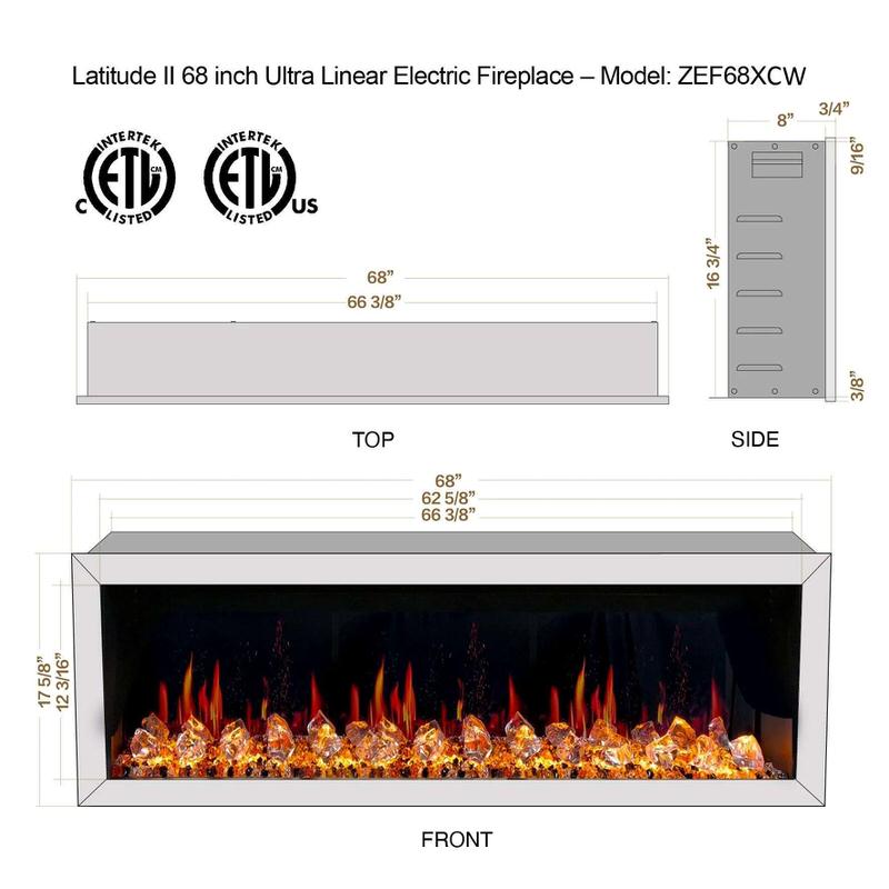 68-inch Litedeer Homes Gloria II wall-mounted HD LED electric fireplace, white with WiFi and app controls, featuring a diamond-like acrylic ember bed and driftwood log set, realistic flames in five colors, and dual heat settings, suitable for modern living spaces up to 400 sq ft, ETL and CETL certified, from Home Luxury USA.