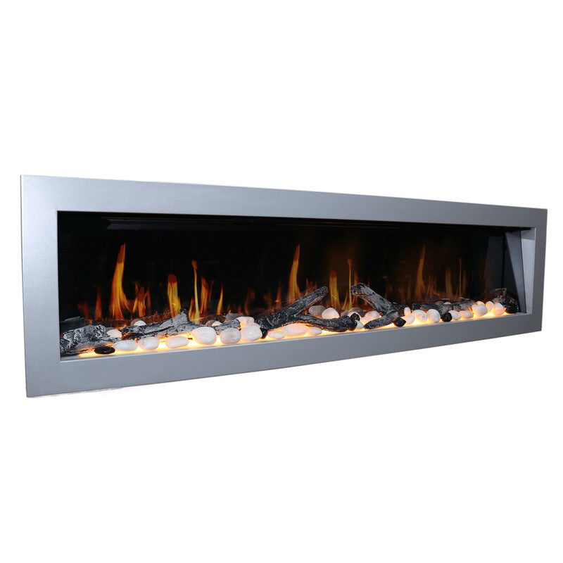 Smart Litedeer Homes Gloria II 68-inch push-in electric fireplace insert, Model ZEF68XS, in silver white, WiFi-enabled with app control. Features life-like real flame technology with five flame colors and adjustable crackling sounds, driftwood logs, and river rock accessories. Designed for year-round use with dual heat settings for up to 400 sq ft, plugs into a standard 120V outlet, vent-free with overheat protection, ETL and CETL certified, includes a two-year warranty, from Home Luxury USA.