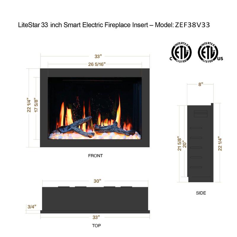 Image of Home Luxury USA’s Litedeer Homes Electric Fireplace LiteStar, available in 33-inch and 38-inch models with GT-Xview and HD LED technology for realistic flames. Features app control, customizable colors and materials, ventless design, safe heating for up to 400 sq ft, and comes with a 2-year warranty.