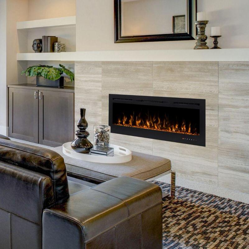 modern flames challenger series recessed electric fireplace installed in luxury living room below a luxury mirror