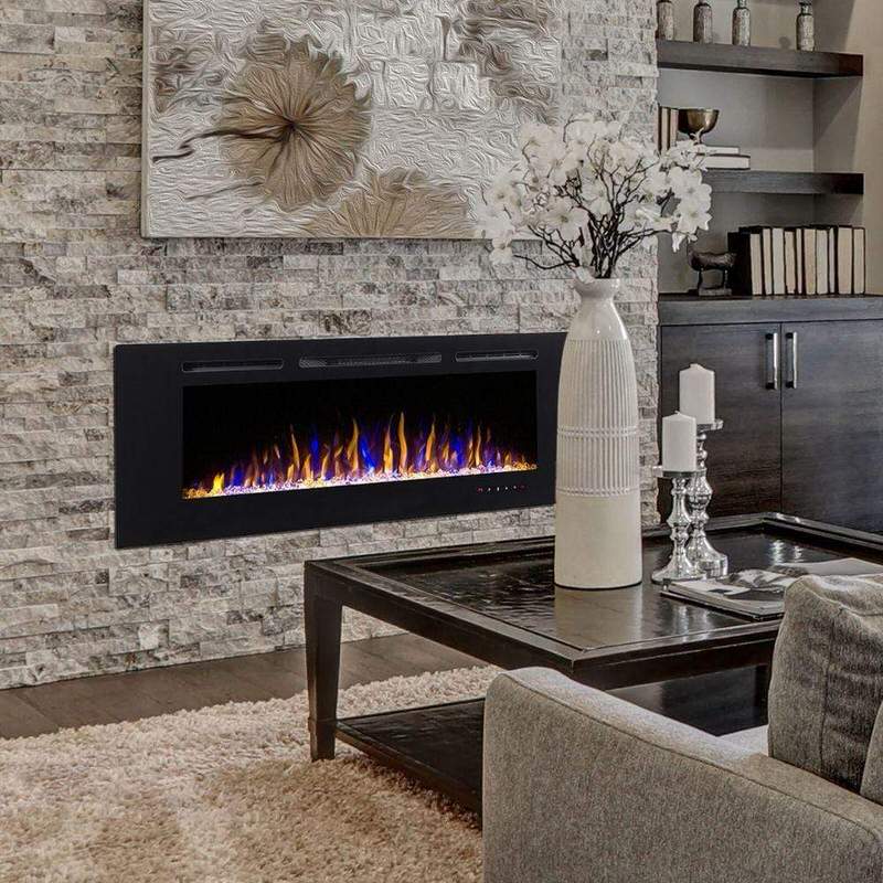 modern flames challenger series recessed electric fireplace installed in a brick fireplace in a modern living room