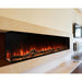 modern flames landscape pro multi 3 sided smart electric fireplace installed in tile fireplace with fire tools next to it