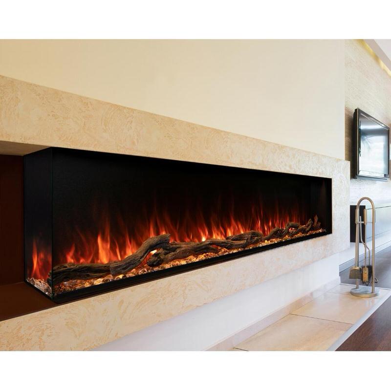 modern flames landscape pro multi 3 sided smart electric fireplace installed in tile fireplace with fire tools next to it