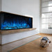 modern flames landscape pro multi 3 sided smart electric fireplace installed in living room with dog sleeping on the floor