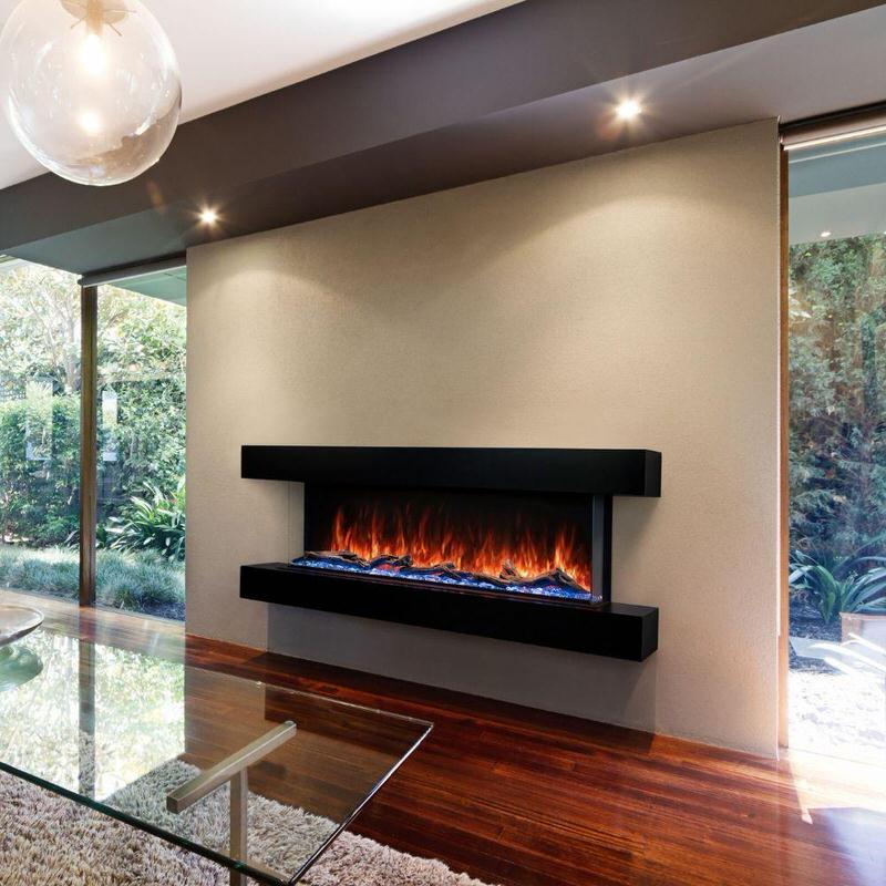 modern flames landscape pro multi 3 sided smart electric fireplace installed in a living area with black modern flames cabinet
