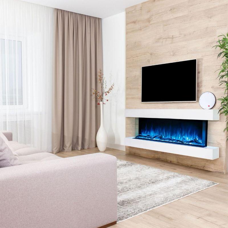 modern flames landscape pro multi 3 sided smart electric fireplace installed in luxury living room beneath tv with modern flames white cabinet