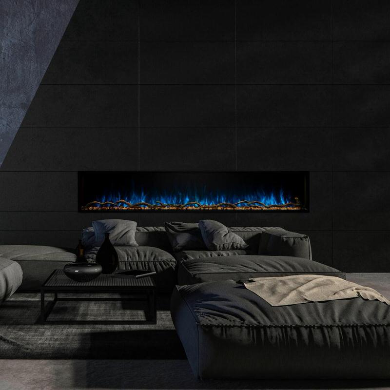 modern flames landscape pro slim smart electric fireplace installed in black living room