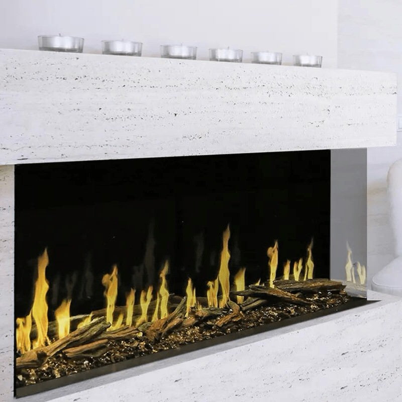 Modern flames orion multi built in or wall mounted smart electric fireplace with real flame effects installed in white stone fireplace