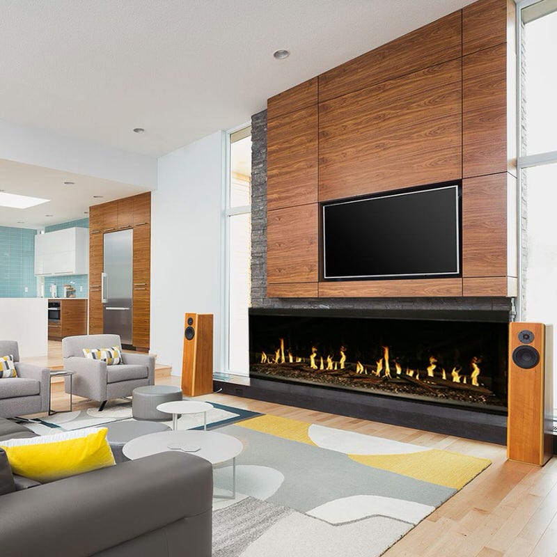 Modern flames orion multi built in or wall mounted smart electric fireplace with real flame effects installed in a modern living room with wood panel fireplaces