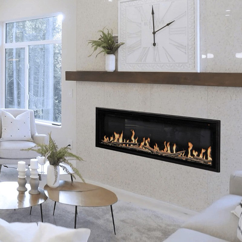 modern flames orion slim built-in wall-mounted smart electric fireplace with real flame effect installed in fireplace in white living room beneath clock