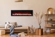 amantii symmetry bespoke 74-inch wall-mount/recessed electric fireplace installed in seating area with dog on the couch