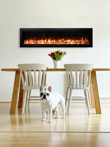 amantii symmetry bespoke 50 inch wall-mount/recessed electric fireplace installed in kitchen with dog