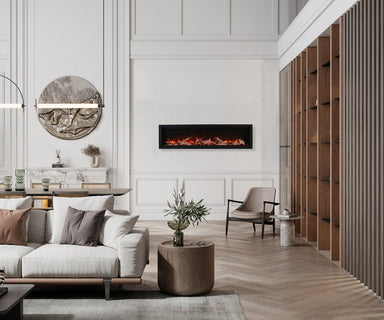 amantii symmetry series recessed/wall-mount smart electric fireplace installed in luxury office next to bookshelves