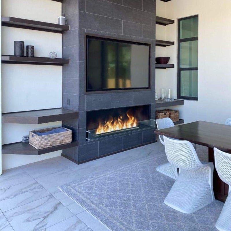 the bio flame 72-inch single sided built-in ethanol burner fireplace installed in a modern dining room
