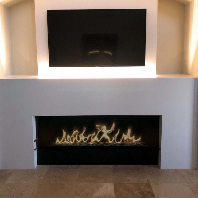 the bio flame 72-inch single sided built-in ethanol burner fireplace installed in a white fireplace 