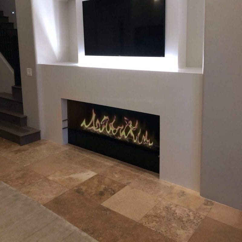 the bio flame 72-inch single sided built-in ethanol burner fireplace installed in a hallway